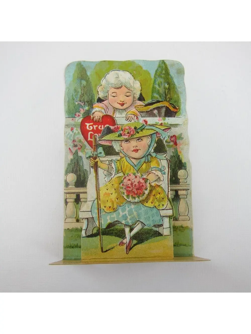 Vintage Valentine 3D Pop Up Die Cut Boy & Girl 1700s Wigs & Dress Pink Flowers